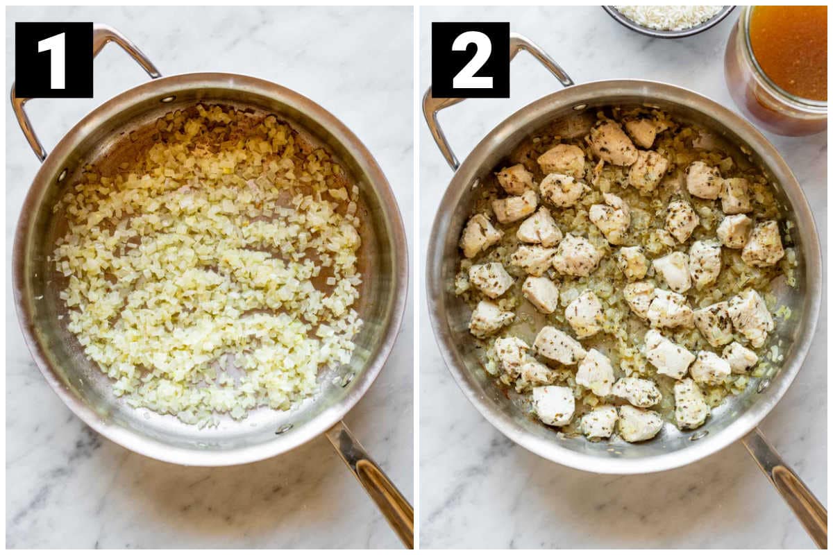 saute the onion, then add the chicken and cook it to brown it before adding the rice and chicken