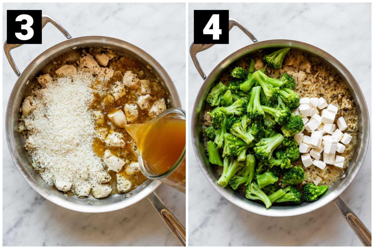 adding the rice and broth to the chicken and onions then adding in the broccoli and cream cheese