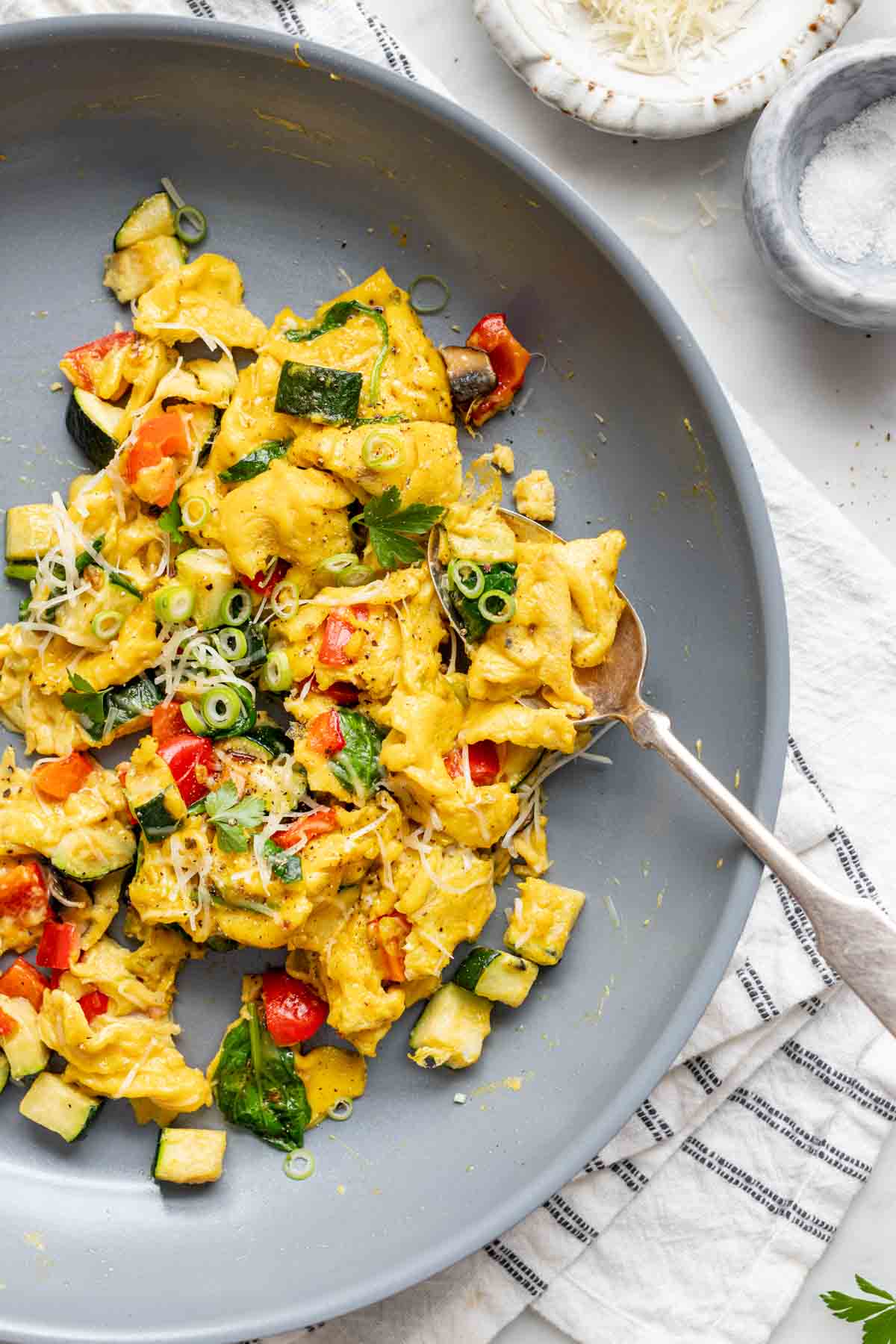 the scrambled eggs in the non-stick skillet