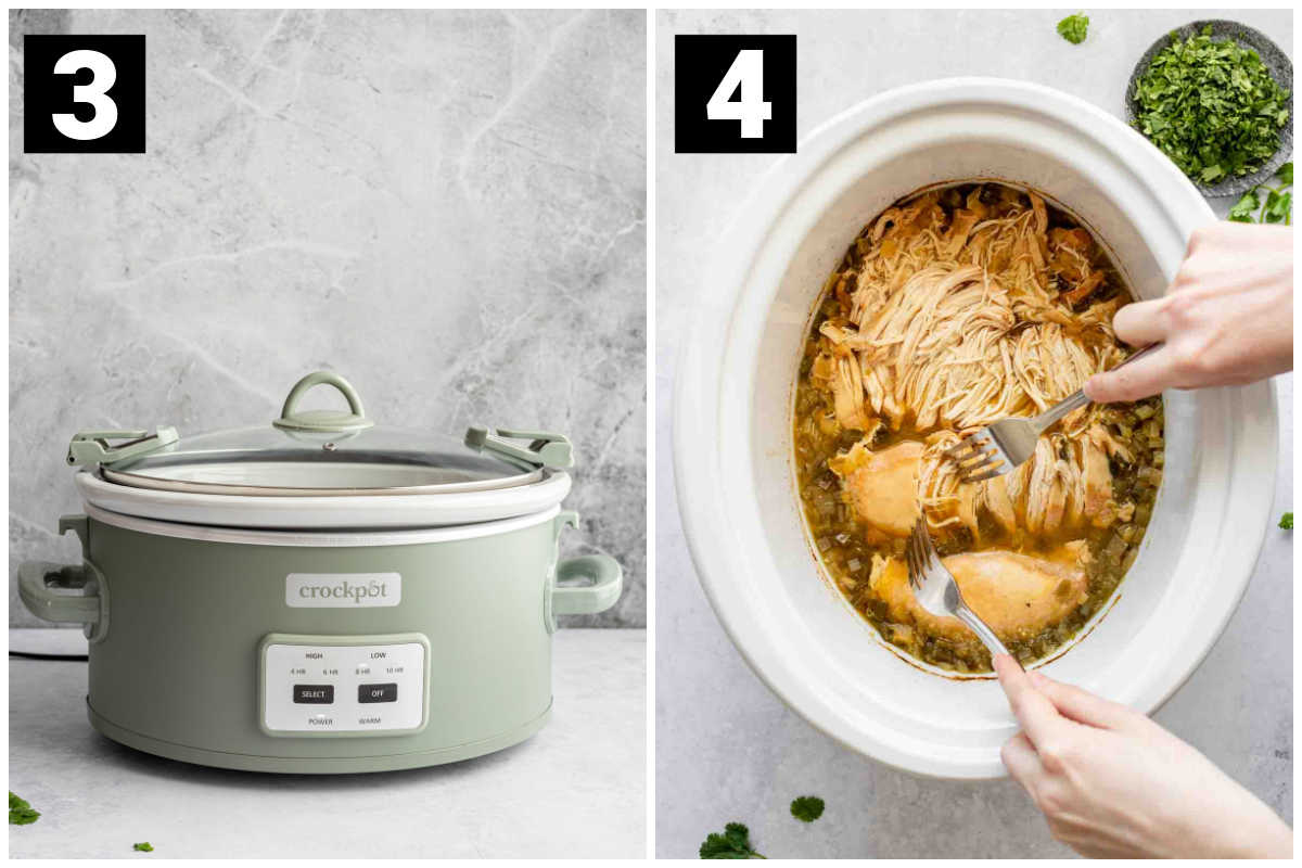the crockpot on the counter from the side while the chicken is cooking, the chicken being shredded with forks after slow cooking