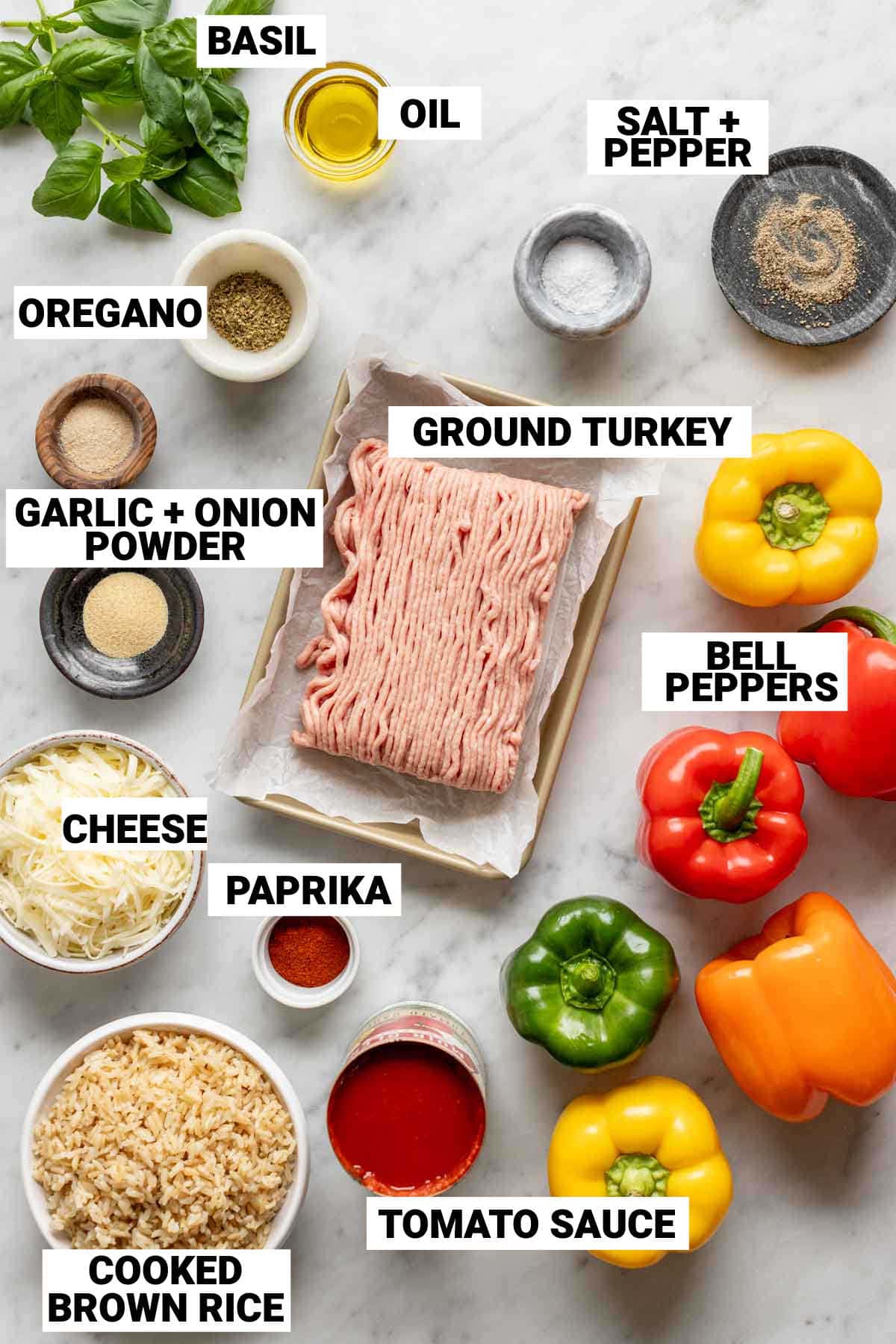 the ingredients for the stuffed peppers with text labels for each one