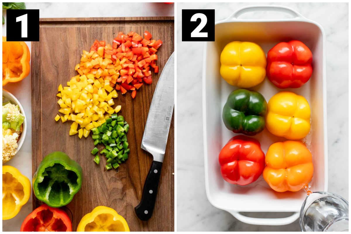 prep the peppers and chop the tops then set them in a casserole dish (cut-side-down)