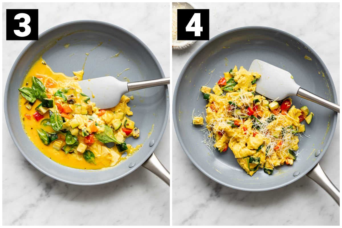scramble the eggs with the veggies, finish with parm on top