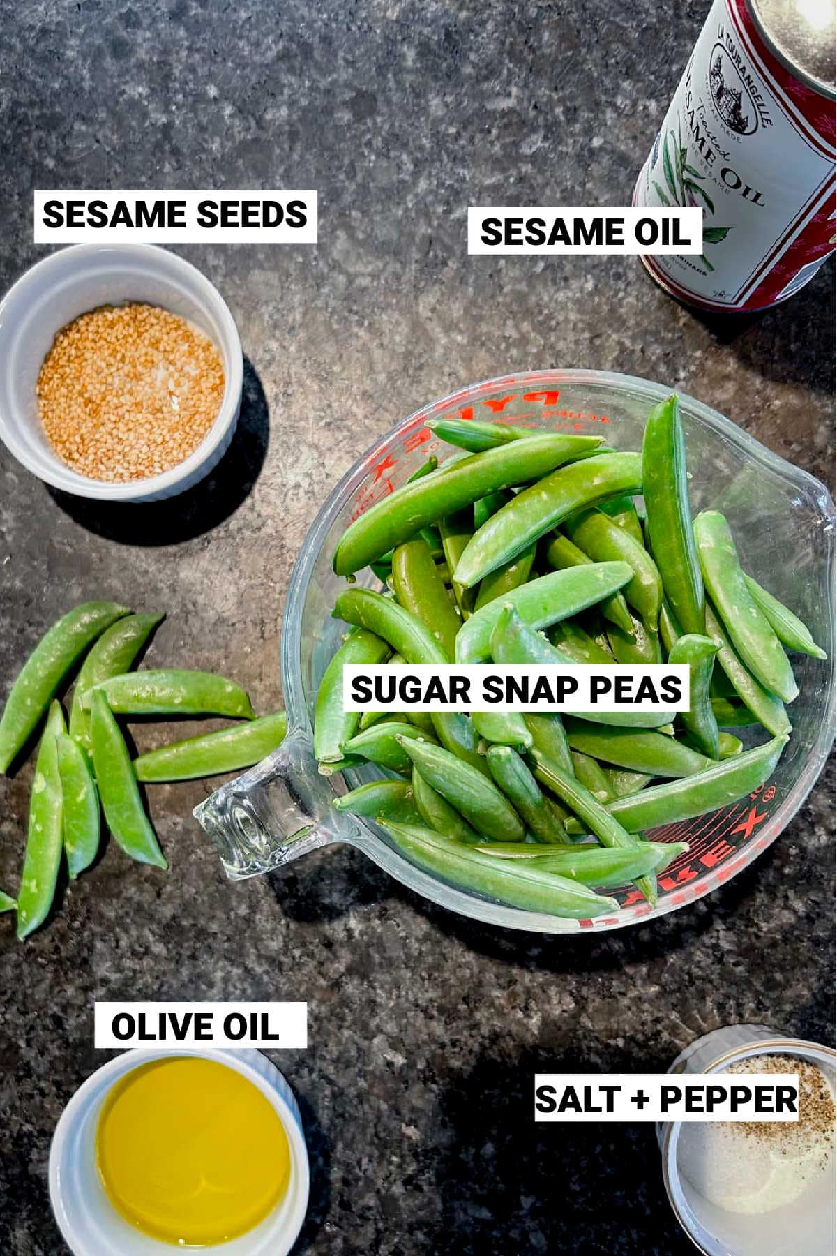 snap peas, oil and seasonings for this recipe with text overlay