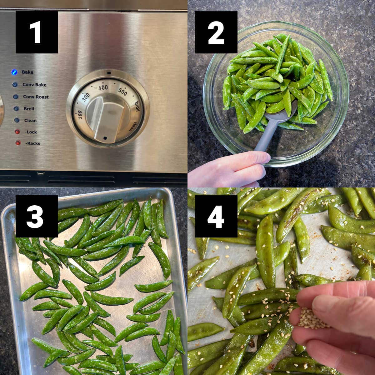 the steps to roast snap peas with numbered steps