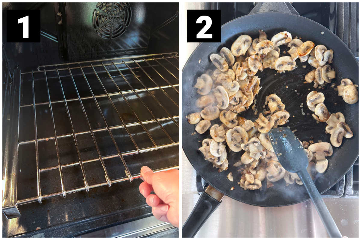 arranging the oven rack in the bottom then sautéing the mushrooms