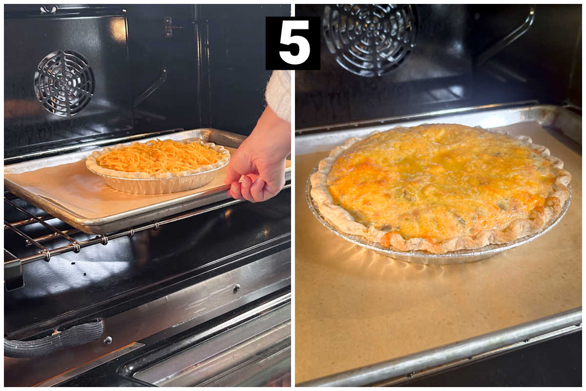 placing the quiche in the oven and what it looks like just before it comes out of the oven (puffed and the crust is lightly golden)
