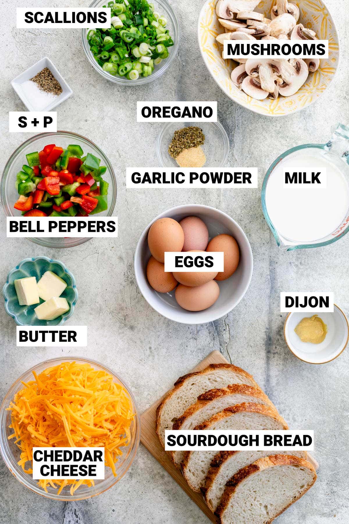 the ingredients for the strata with text overlay