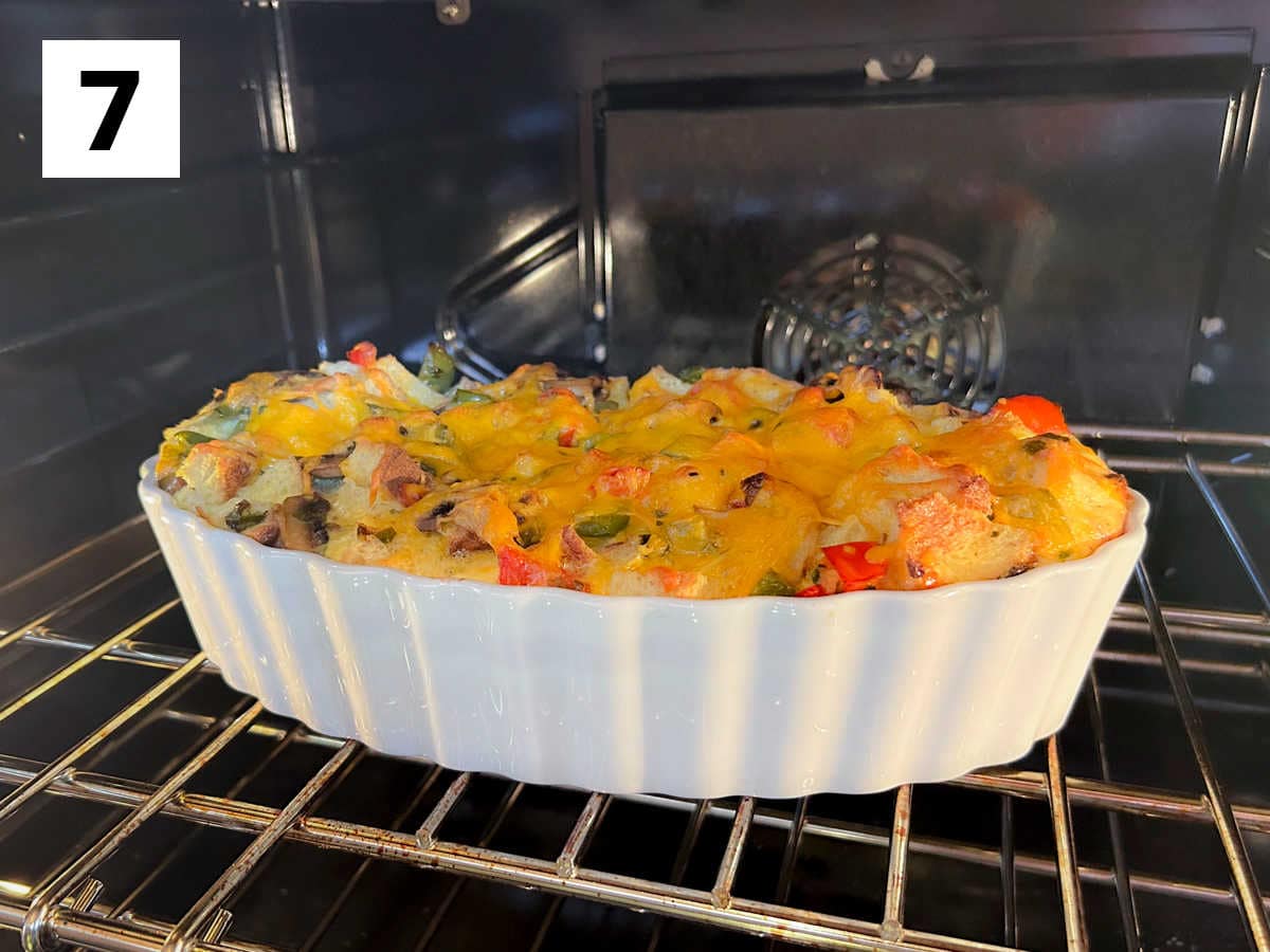 the breakfast casserole baking in the oven