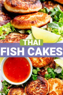 Collage of two close up photos of the pan fried fish cakes with red chili dipping sauce in a small bowl. Text overlay is in the middle that sauy "thai fish cakes"