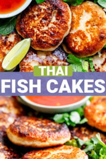 Collage of two close up photos of the pan fried fish cakes with red chili dipping sauce in a small bowl. Text overlay is in the middle that sauy "thai fish cakes"