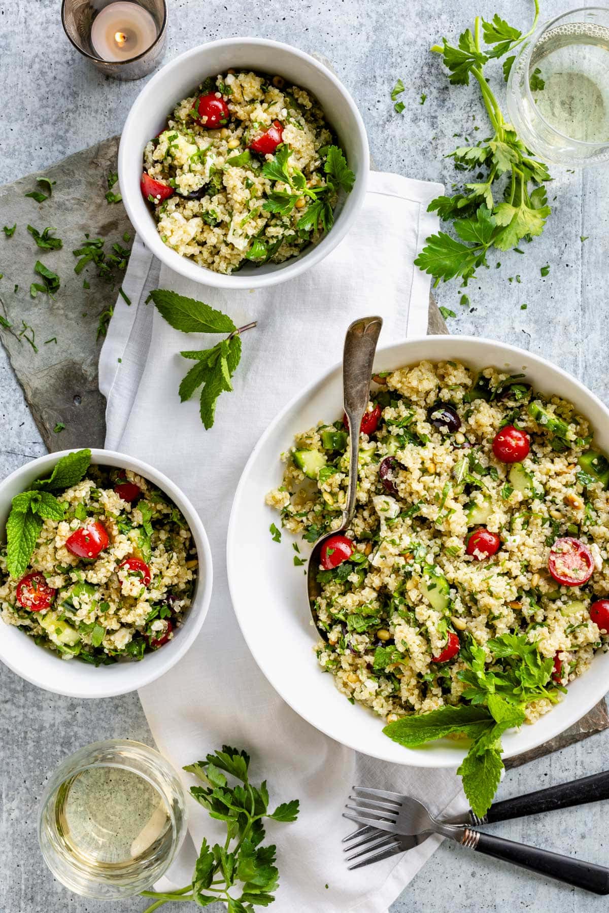 three bowls of the quinoa salad