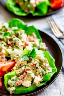 the chicken salad in lettuce wraps with tomato wedges on a black plate. Close-up perspective from a 3/4 angle