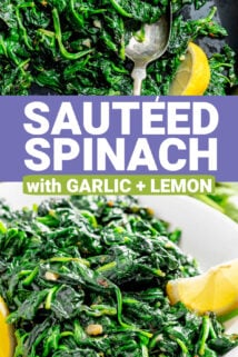 two photos of the sauteed spinach with text overlay