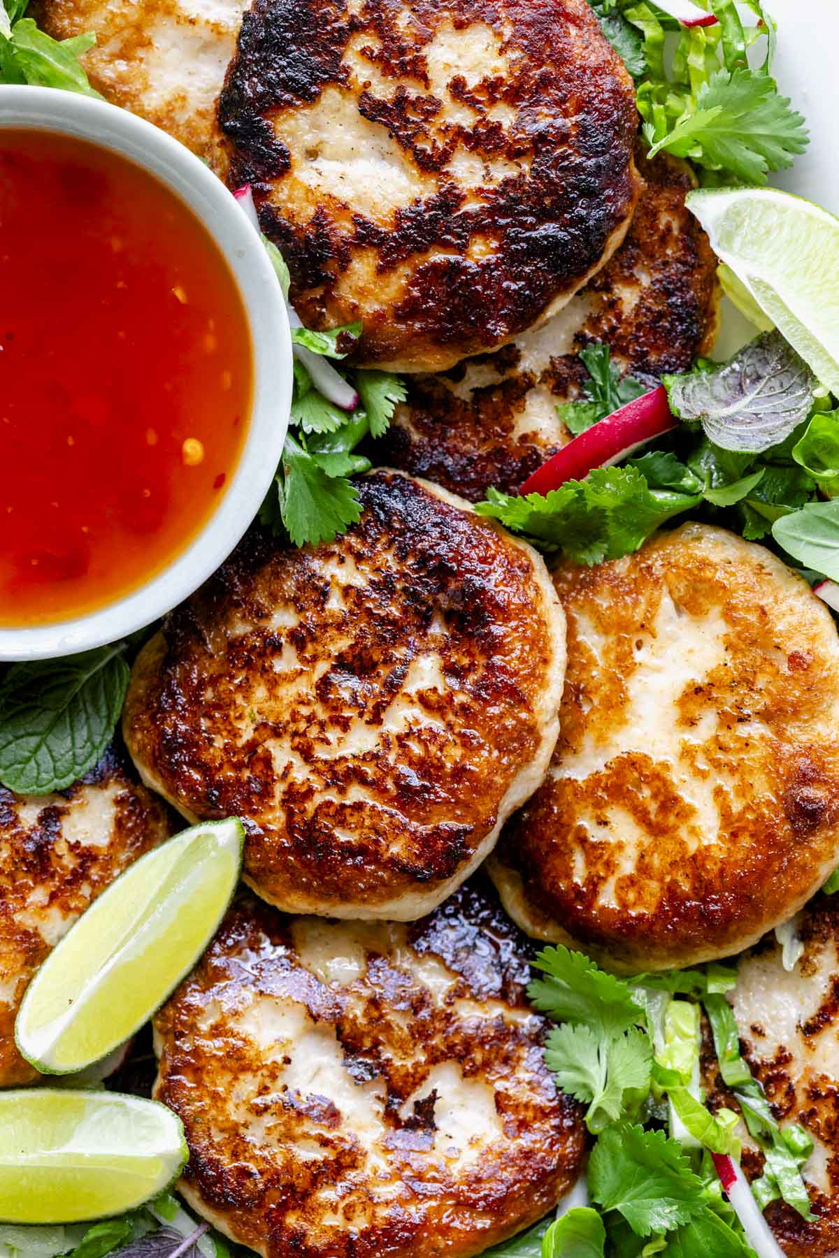 closeup of the thai fish cakes on a platter with the herbal salad and Thai sweet chili dipping sauce