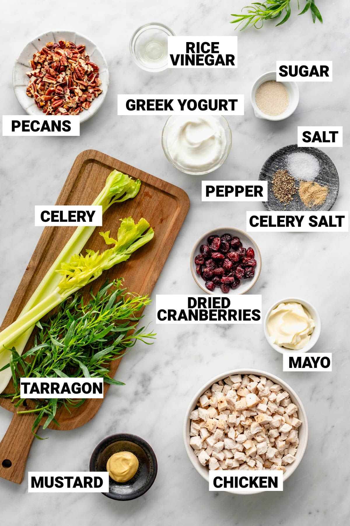 the ingredients for the chicken salad with text overlay