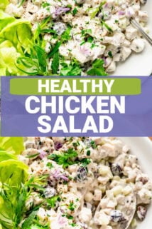 the chicken salad in a bowl with text overlay
