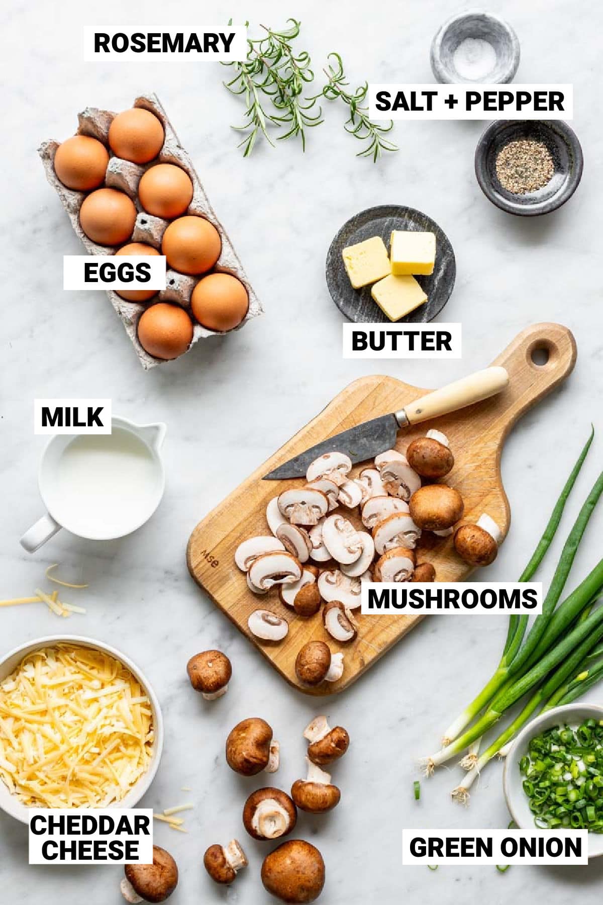the mushroom frittata ingredients with text overlay