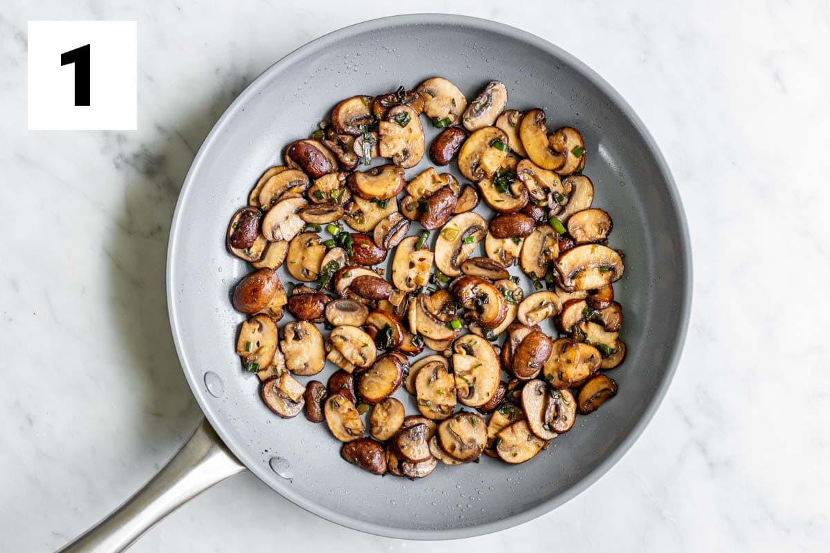 cooking the mushrooms and scallions in a non-stick skillet