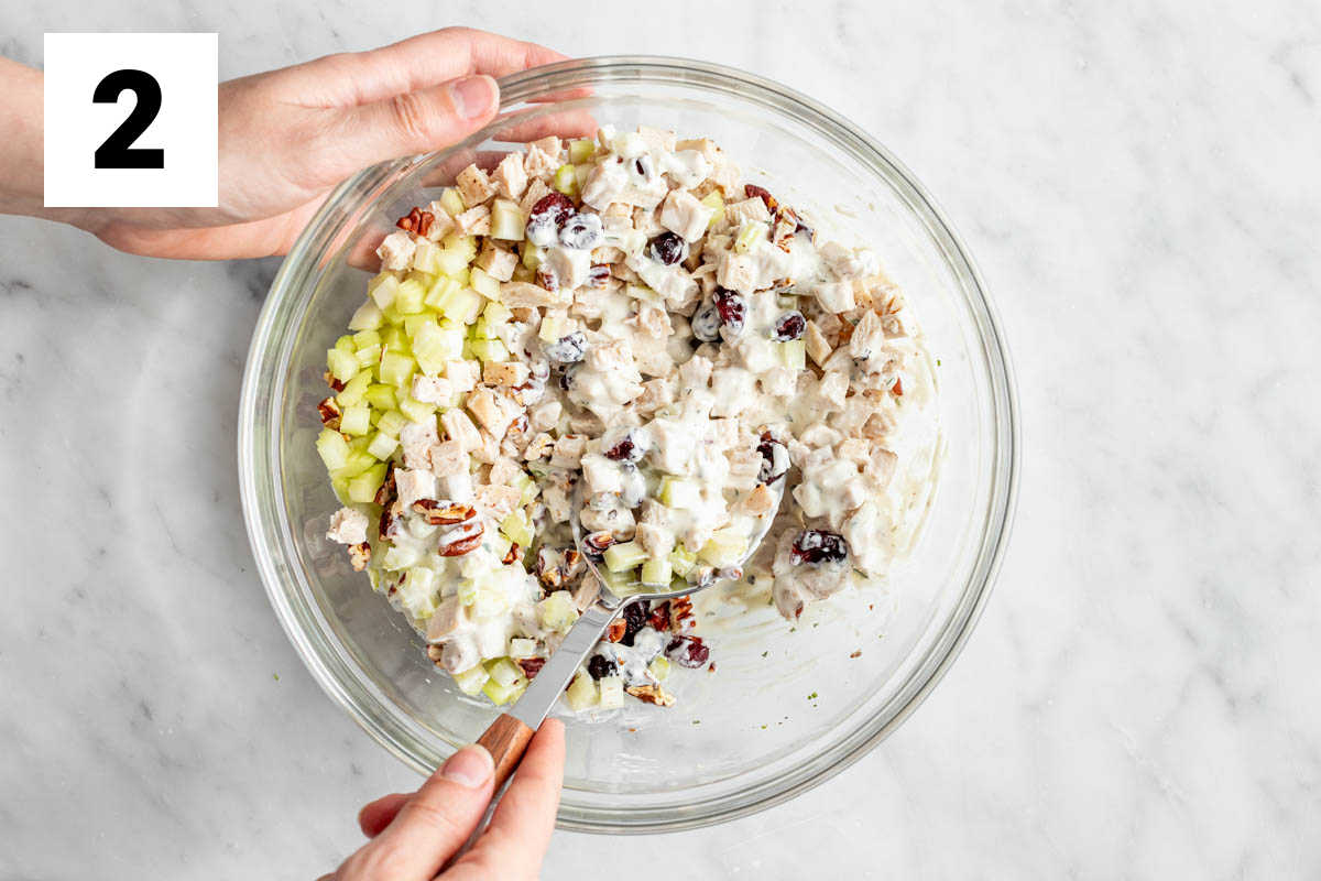 the chicken, celery, nuts and cranberries being stirred into the dressing in a large bowl