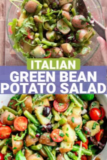 a close up of the potato salad with green beans in a white bowl from overhead