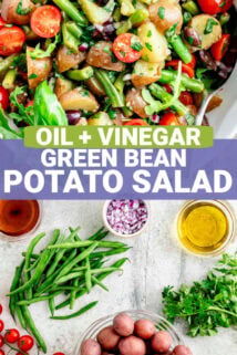 the potato salad on a gray board with a linen towel and large serving spoon