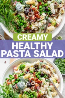 the healthy pasta salad in a white bowl with text overlay