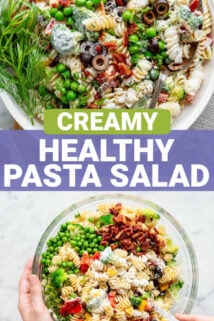 the healthy pasta salad in a white bowl with text overlay