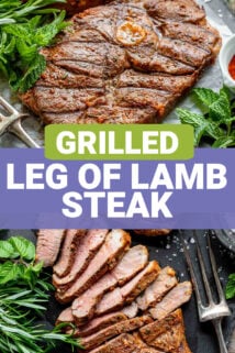 two photos of grilled leg of lamb steak bisected by text overlay