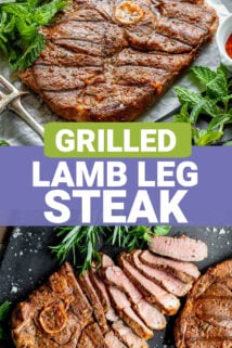 two photos of lamb steak, the top one is whole and the bottom one is sliced into strips, bisected by text overlay