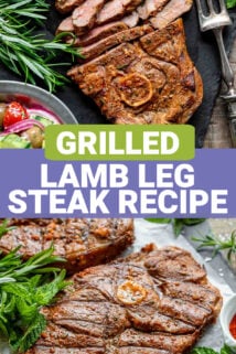 Two photos of grilled lamb bisected by text overlay