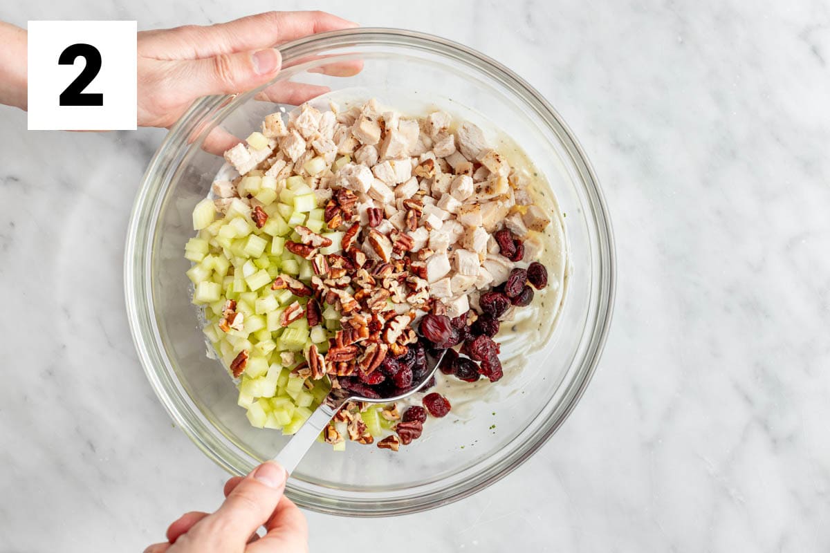 add the chicken, nuts, celery and cranberries