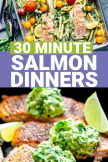 collage of salmon dinner photos with text overlay that says "30 minute salmon dinners"