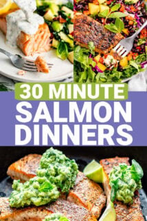 collage of salmon dinner photos with text overlay that says "30 minute salmon dinners"