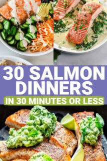 collage of salmon dinner photos with text overlay that says "30 salmon dinners in 30 minutes or less"