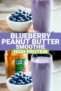 blueberry peanut butter smoothie with text overlay