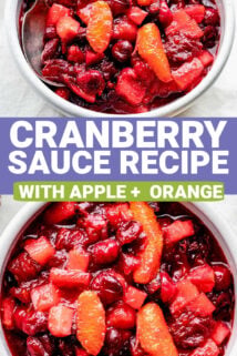 collage of cranberry sauce photos (in a white bowl) with text overlay that says 'cranberry sauce'