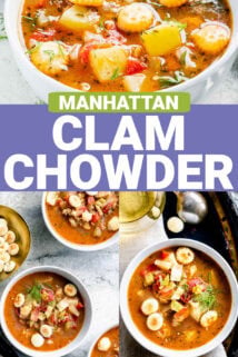 two photos of the clam chowder in a white bowl with text overlay