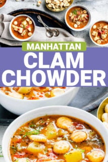 two photos of the clam chowder in a white bowl with text overlay