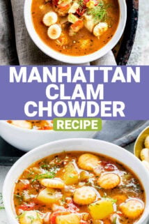 two photos of the clam chowder in a white bowl with text overlay