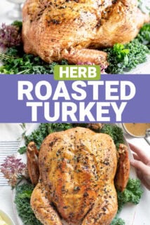 two photos of the roasted turkey in a platter with text overlay