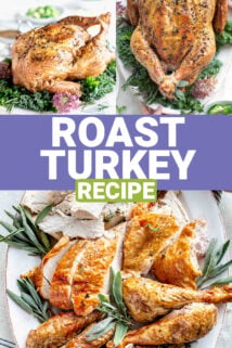 two photos of the roasted turkey in a platter with text overlay
