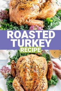 two photos of the roasted turkey in a platter with text overlay