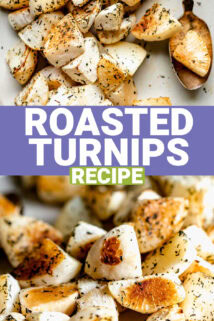 collage of photos of the roasted turnips on a white plate with text overlay