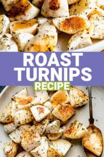 collage of photos of the roasted turnips on a white plate with text overlay