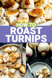 collage of photos of the roasted turnips on a white plate with text overlay