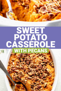 the casserole in a white dish with pecans on top with text overlay