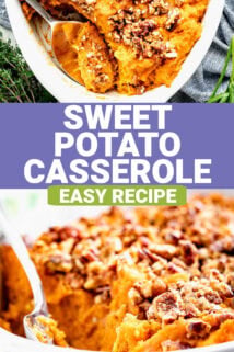 the casserole in a white dish with pecans on top with text overlay