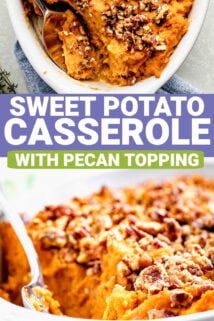 the casserole in a white dish with pecans on top with text overlay