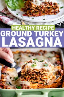 two turkey lasagna photos collaged together with text overlay that says 'turkey lasagna'